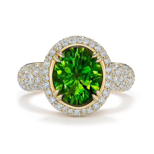 Horsetail Russian Demantoid Ring with D Flawless Diamonds set in 18K Yellow Gold