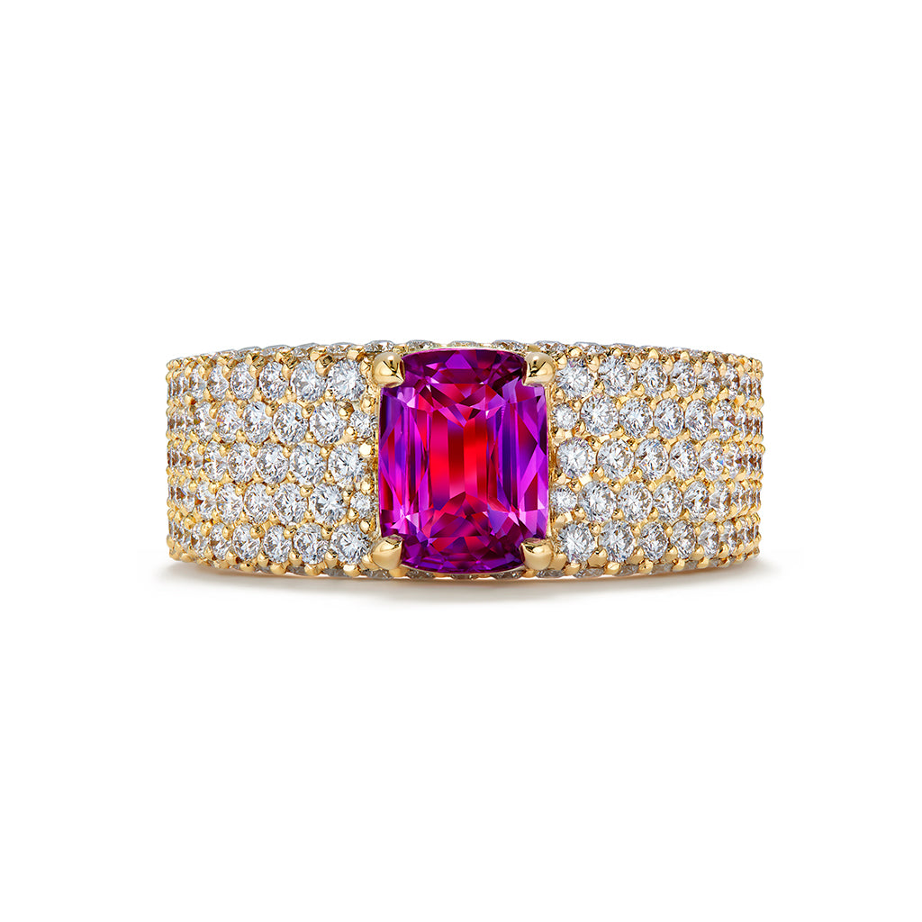 Unheated Intense Pink Sapphire Ring with D Flawless Diamonds set in 18K Yellow Gold