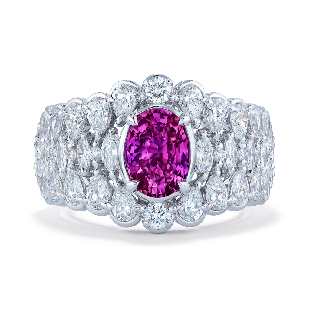 Unheated Vivid Pink Sapphire Ring with D Flawless Diamonds set in 18K White Gold