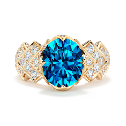 Blue Zircon Ring with D Flawless Diamonds set in 18K Yellow Gold