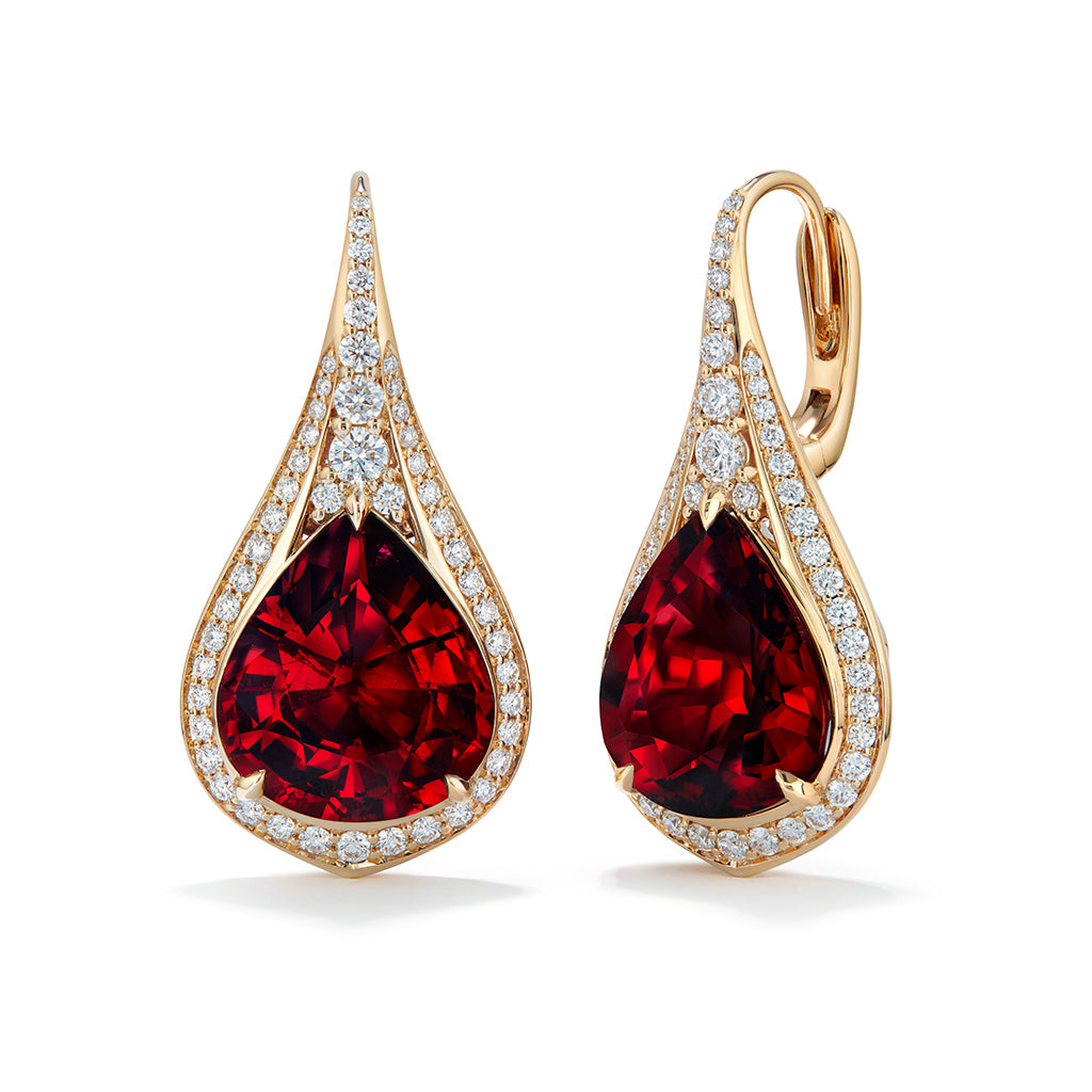 Pigeons Blood Rubellite Earrings with D Flawless Diamonds set in 18K Yellow Gold