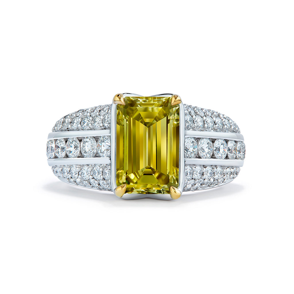 Yellow Diamond Ring with D Flawless Diamonds set in Platinum