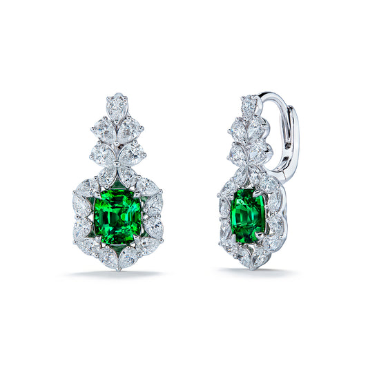 Neon Tsavorite Garnet Earrings with D Flawless Diamonds set in 18K White Gold