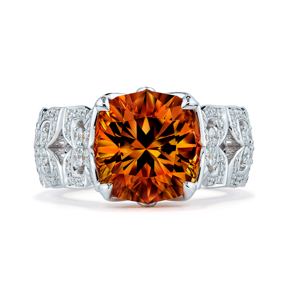 Brazilian Vivid Orange Imperial Topaz Ring with D Flawless Diamonds set in 18K White Gold