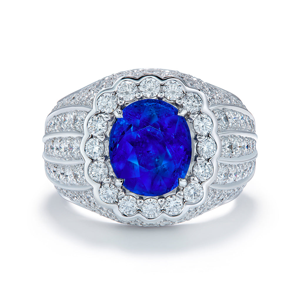 Unheated Titanium Rutile Kashmir Blue Sapphire Ring with D Flawless Diamonds set in 18K White Gold
