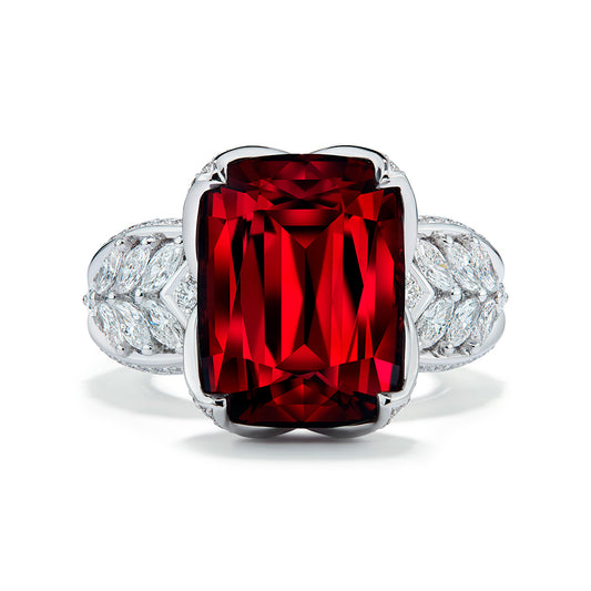 Vivid Red Ant Hill Garnet Ring with D Flawless Diamonds set in 18K White Gold