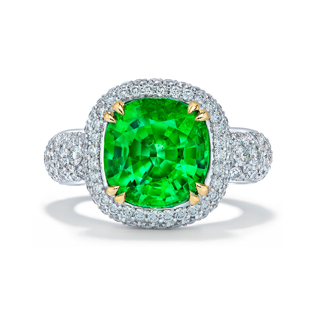 Neon Tsavorite Garnet Ring with D Flawless Diamonds set in 18K White Gold