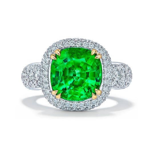 Neon Tsavorite Garnet Ring with D Flawless Diamonds set in 18K White Gold
