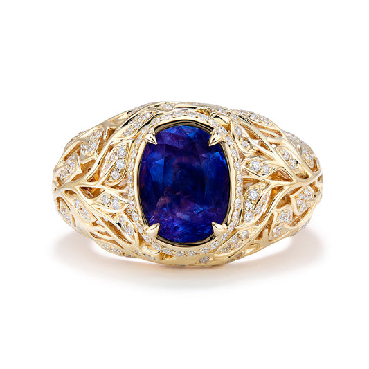 Unheated Kashmir Sapphire Ring with D Flawless Diamonds set in 18K Yellow Gold