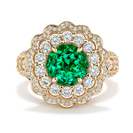 Muzo Colombian Intense Green Emerald Ring with D Flawless Diamonds set in 18K Yellow Gold
