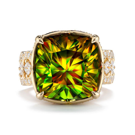 Sphene Ring with D Flawless Diamonds set in 18K Yellow Gold