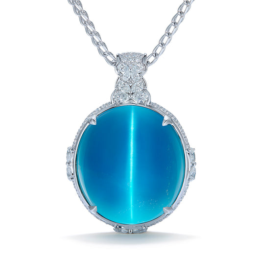Santa Maria Cats Eye Aquamarine Necklace with D Flawless Diamonds set in 18K White Gold