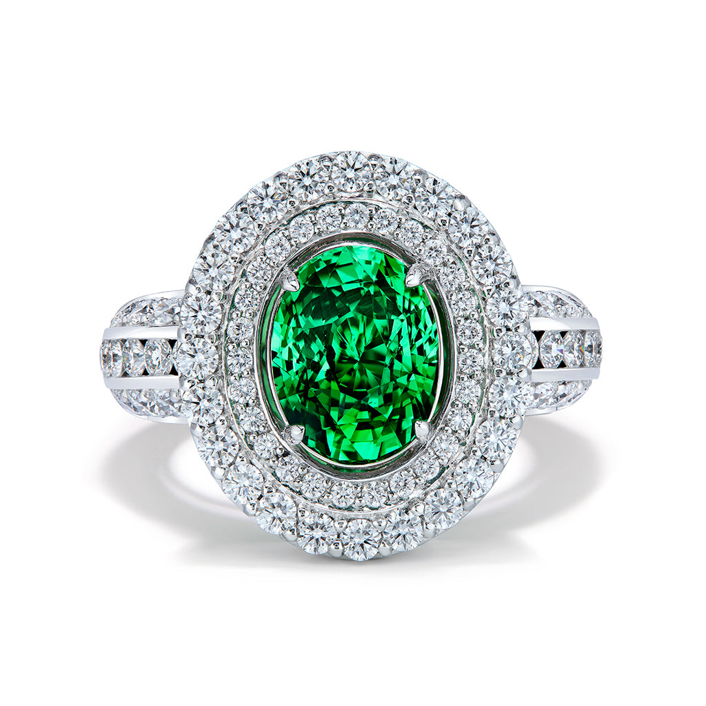 Bluish Green Tsavorite Garnet Ring with D Flawless Diamonds set in Platinum