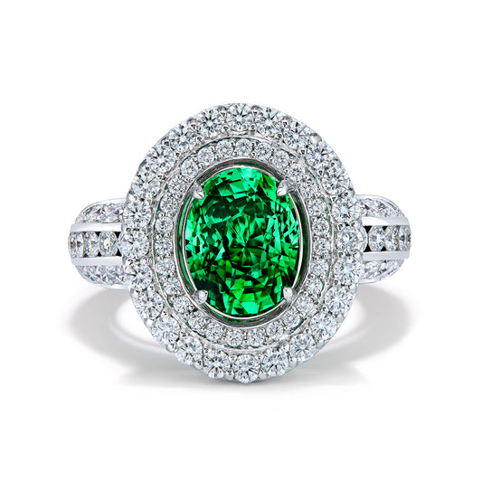 Bluish Green Tsavorite Garnet Ring with D Flawless Diamonds set in Platinum