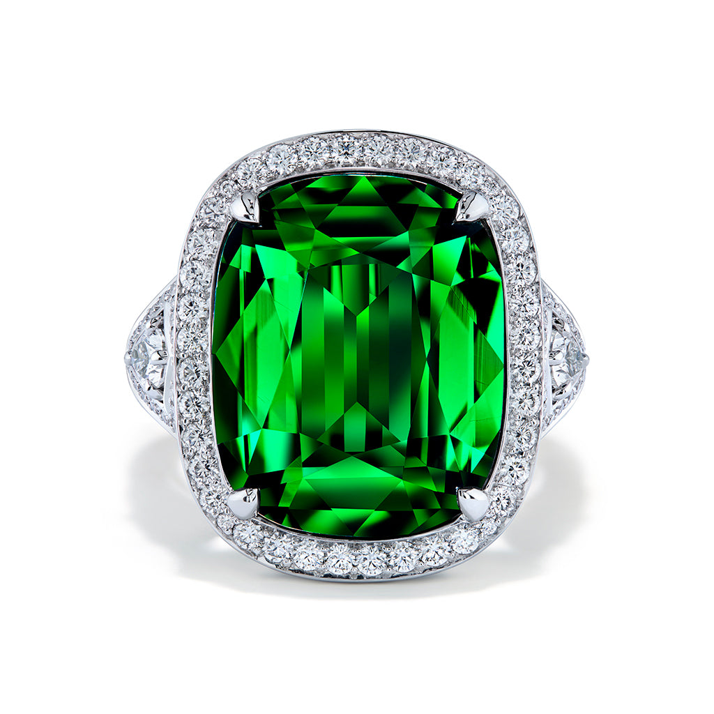 Unheated Vibrant Chrome Tourmaline Ring with D Flawless Diamonds set in 18K White Gold