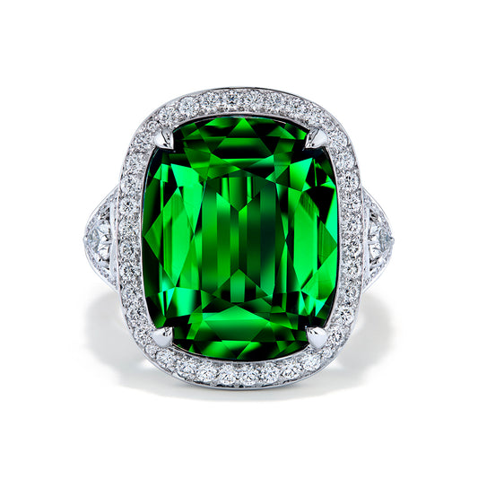 Unheated Vibrant Chrome Tourmaline Ring with D Flawless Diamonds set in 18K White Gold