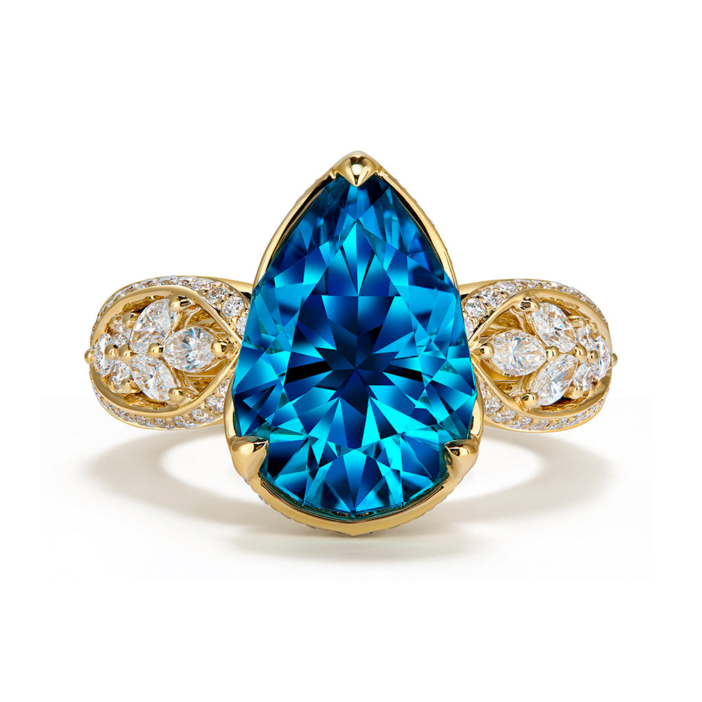 Blue Zircon Ring with D Flawless Diamonds set in 18K Yellow Gold