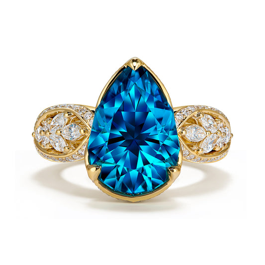 Blue Zircon Ring with D Flawless Diamonds set in 18K Yellow Gold