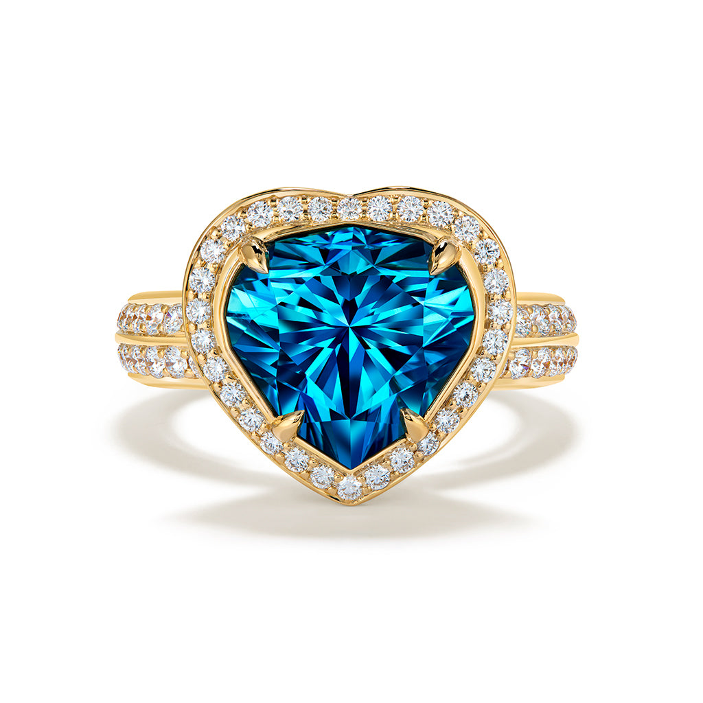 Blue Zircon Ring with D Flawless Diamonds set in 18K Yellow Gold