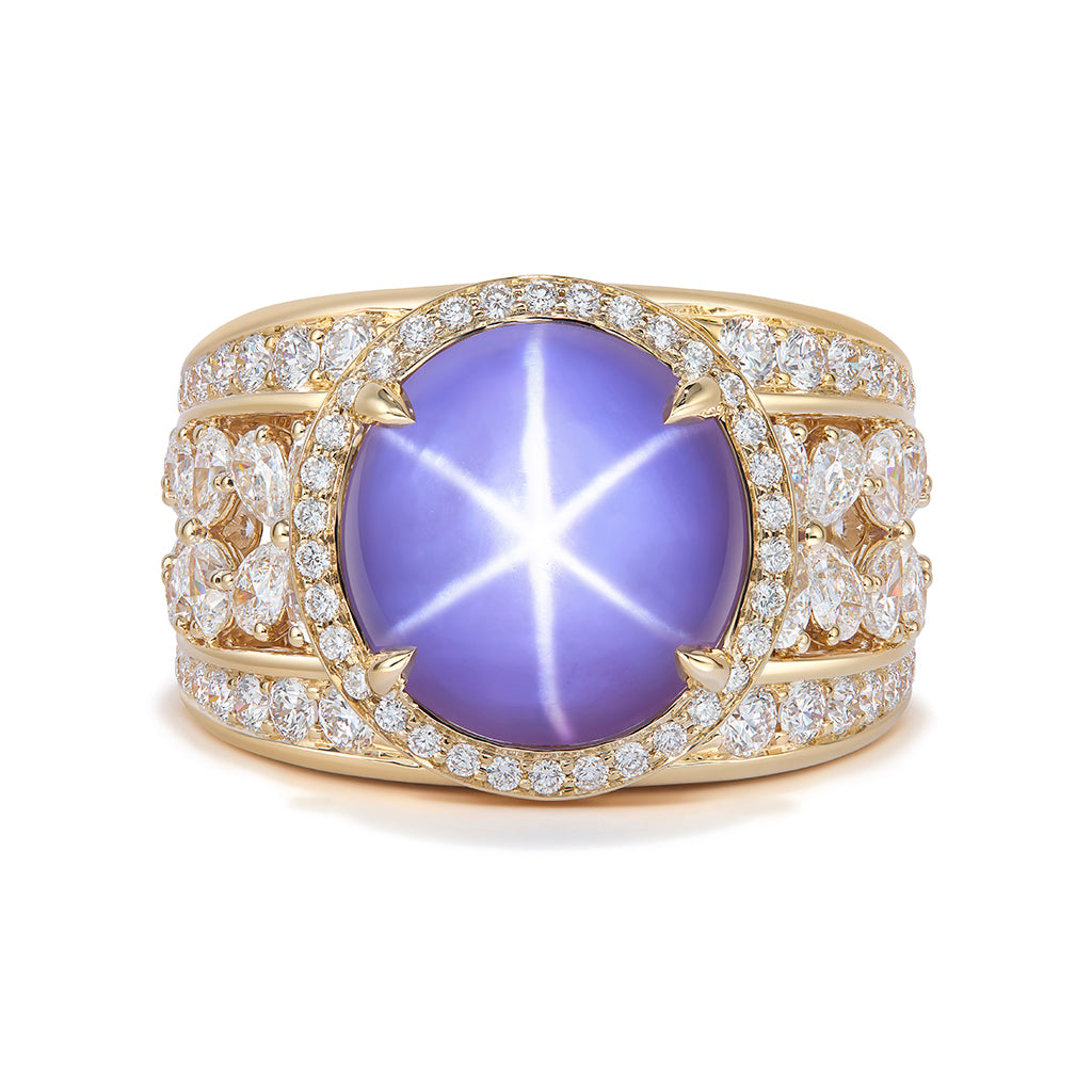 Unheated Ceylon Star Sapphire Ring with D Flawless Diamonds set in 18K Yellow Gold