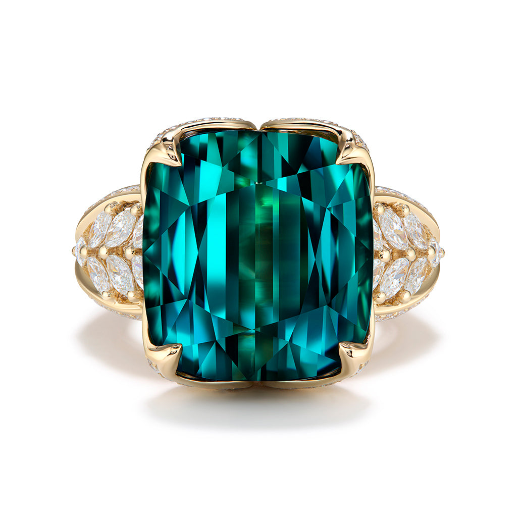 Afghan Indicolite Ring with D Flawless Diamonds set in 18K Yellow Gold