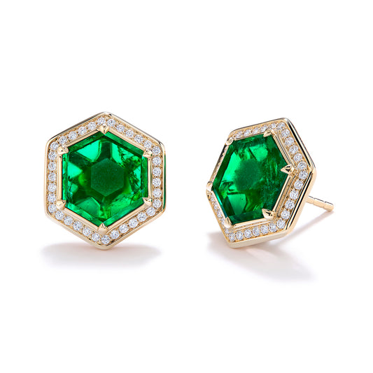 Gota De Aceite Vivid Green Emerald Trapiche Earrings with D Flawless Diamonds set in 18K Yellow Gold