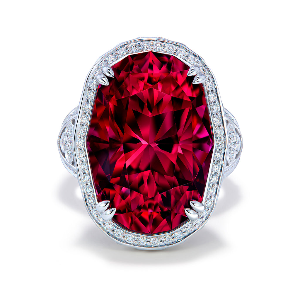 Vivid Red Neon Rubellite Ring with D Flawless Diamonds set in 18K White Gold