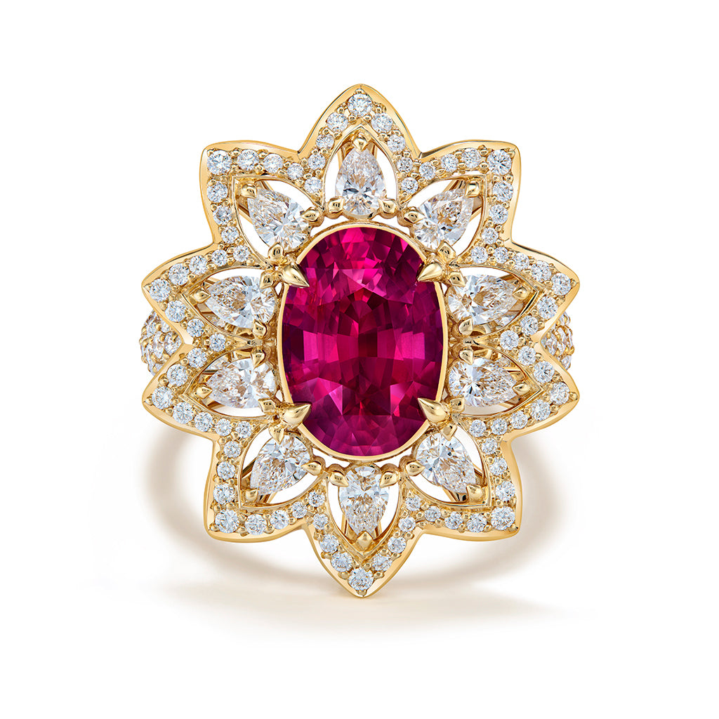 Unheated Vivid Mozambique Ruby Ring with D Flawless Diamonds set in 18K Yellow Gold
