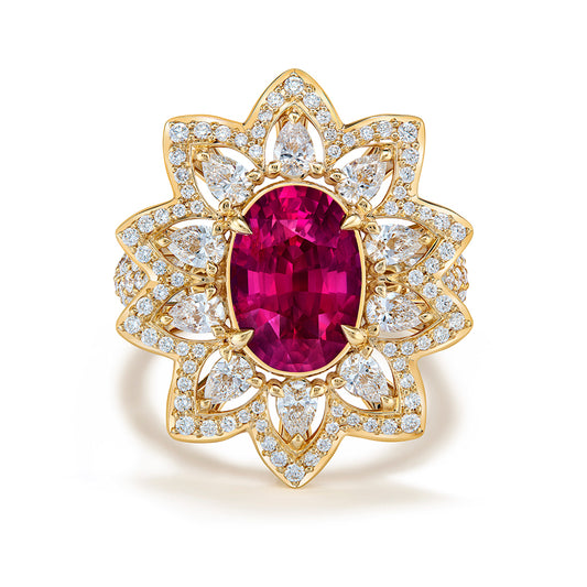 Unheated Vivid Mozambique Ruby Ring with D Flawless Diamonds set in 18K Yellow Gold