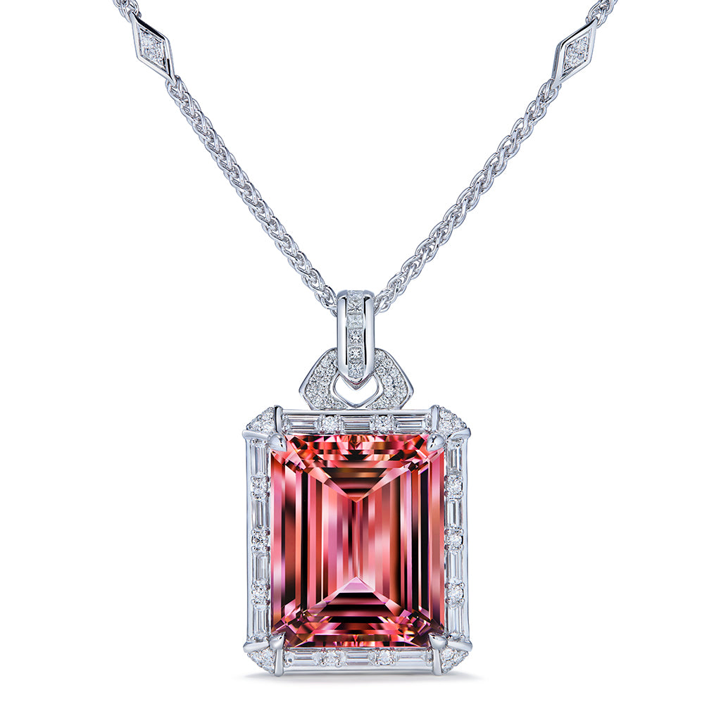 Intense Pink Madagascar Morganite Necklace with D Flawless Diamonds set in 18K White Gold