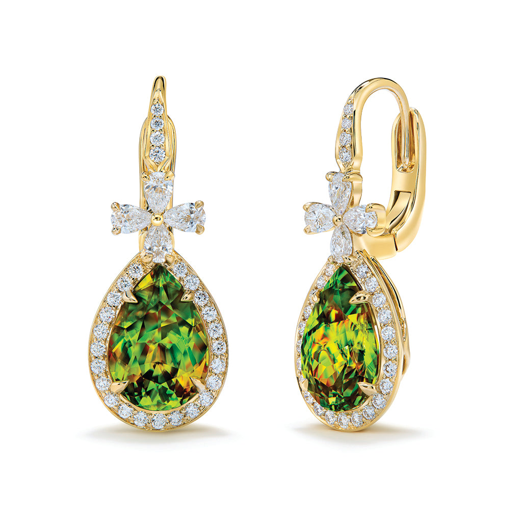 Sphene Earrings with D Flawless Diamonds set in 18K Yellow Gold