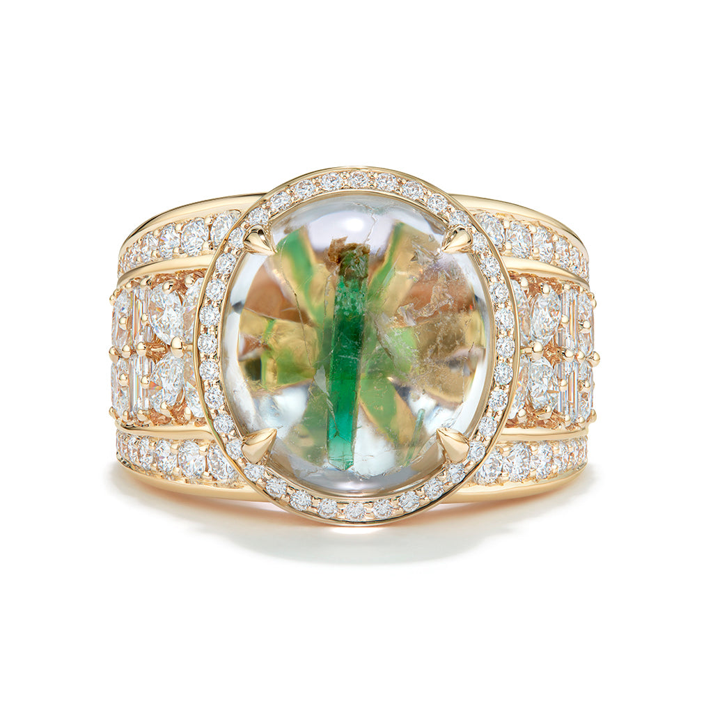 Un Oiled Panjshir Emerald In Host Rock Quartz Ring with D Flawless Diamonds set in 18K Yellow Gold