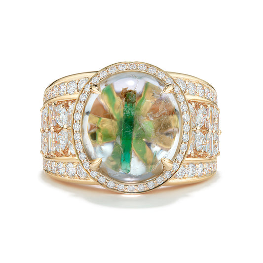 Un Oiled Panjshir Emerald In Host Rock Quartz Ring with D Flawless Diamonds set in 18K Yellow Gold