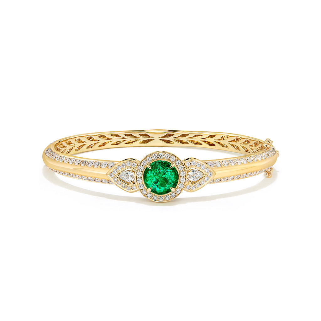 Vivid Green Muzo Colombian Emerald Bangle with D Flawless Diamonds set in 18K Yellow Gold