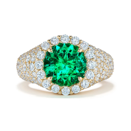 No Oil Muzo Colombian Emerald Ring with D Flawless Diamonds set in 18K Yellow Gold