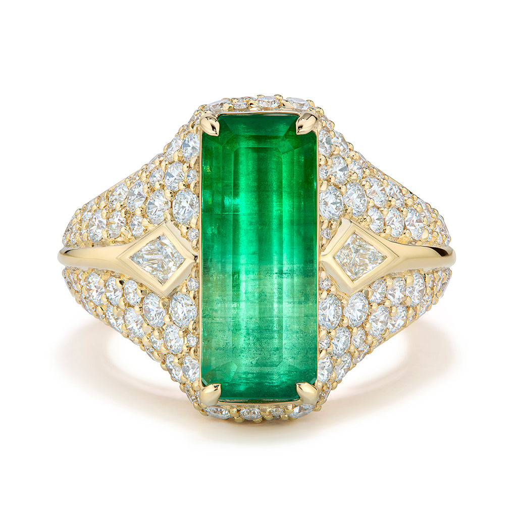 No Oil Swat Valley Bi Color Emerald Ring with D Flawless Diamonds set in 18K Yellow Gold