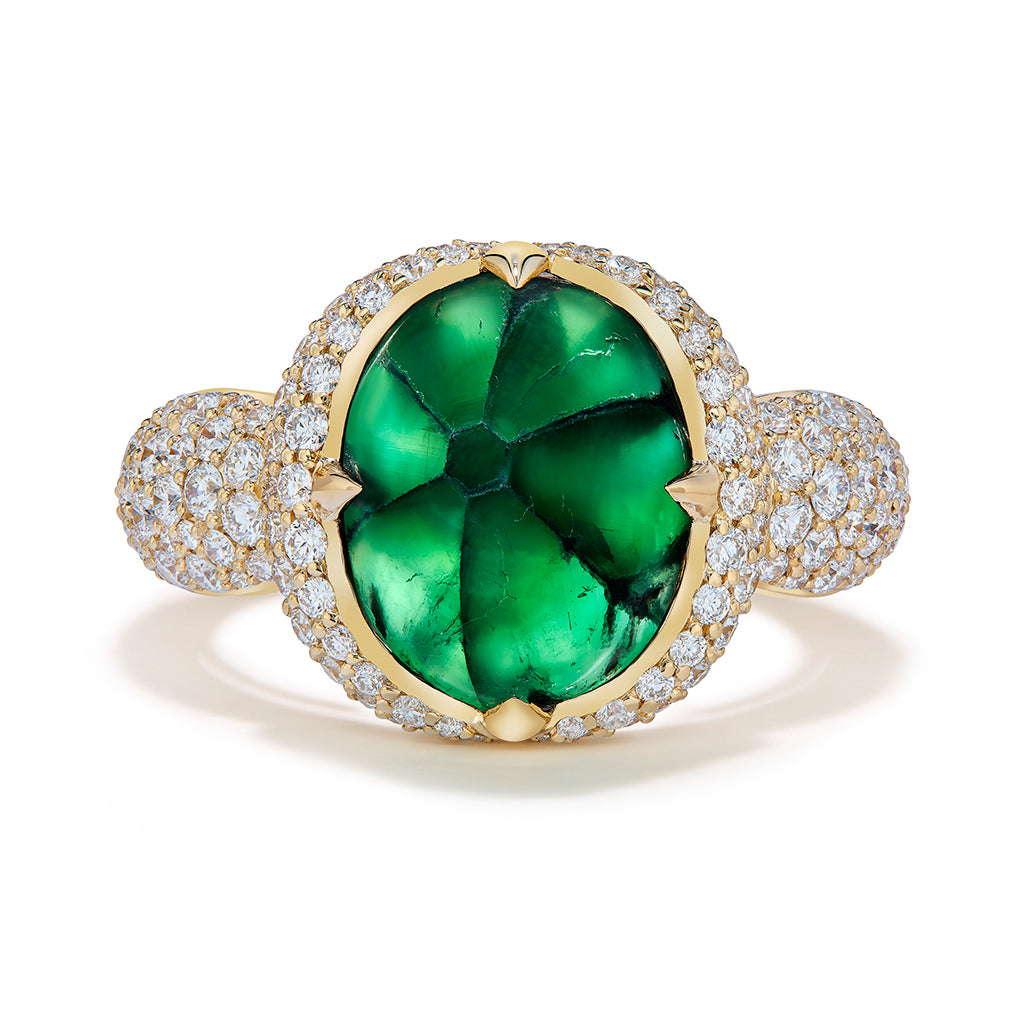 Vivid Green Trapiche Muzo Colombian Emerald Ring with D Flawless Diamonds set in 18K Yellow Gold