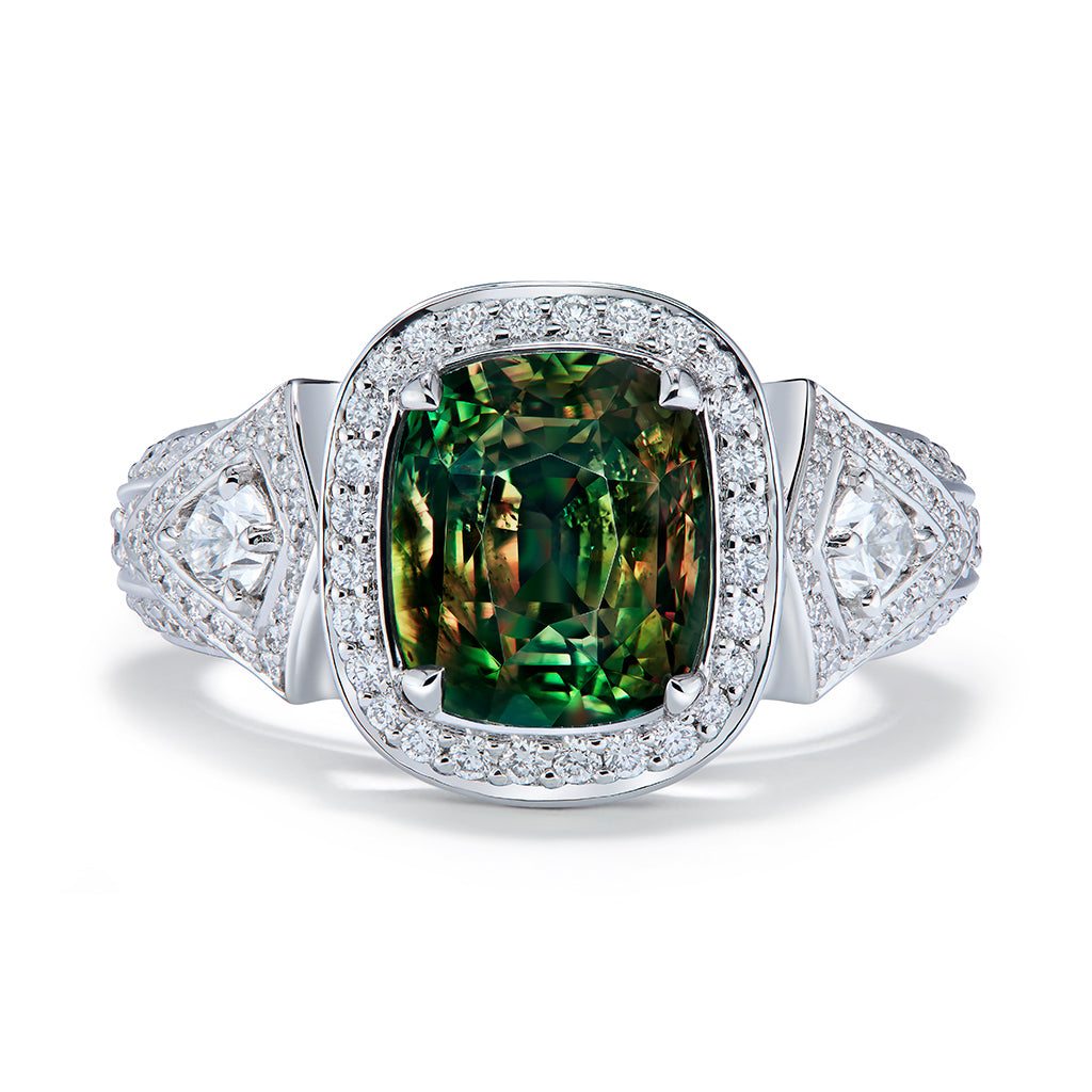 Green To Pink Alexandrite Ring with D Flawless Diamonds set in Platinum