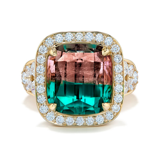 Afghan Neon Bi Color Indicolite Ring with D Flawless Diamonds set in 18K Yellow Gold