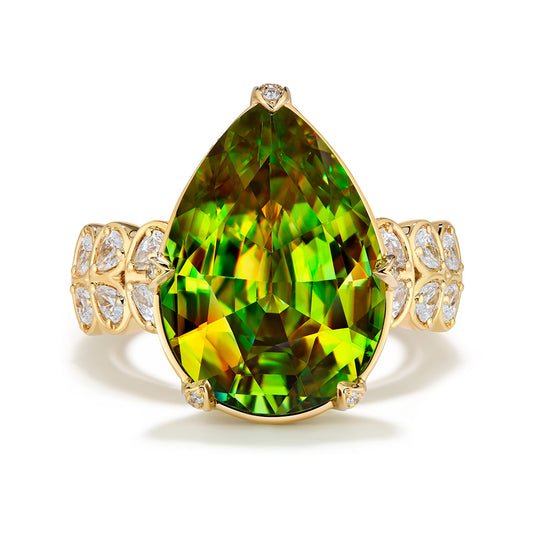 Madagascar Sphene Ring with D Flawless Diamonds set in 18K Yellow Gold