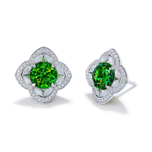 Horsetail Russian Demantoid Earrings with D Flawless Diamonds set in 18K White Gold