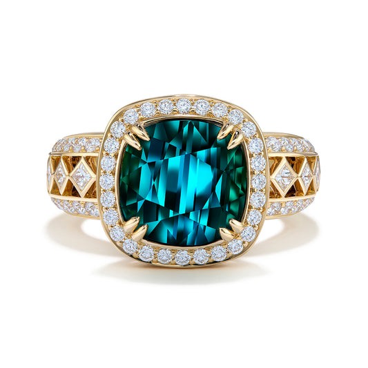 Afghan Indicolite Ring with D Flawless Diamonds set in 18K Yellow Gold