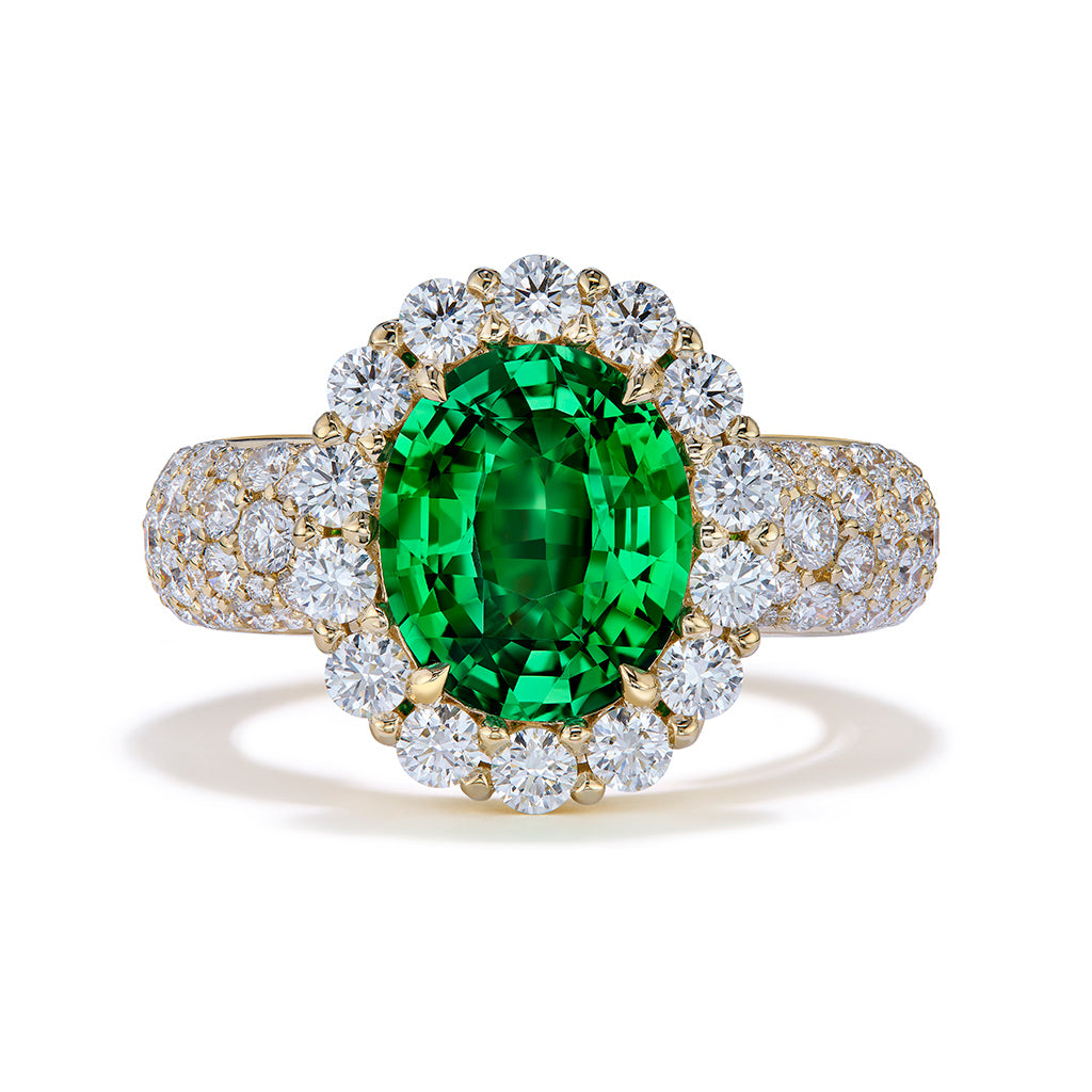 Vibrant Vivid Green Tsavorite Ring with D Flawless Diamonds set in 18K Yellow Gold