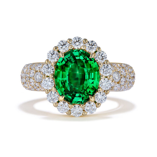 Vibrant Vivid Green Tsavorite Ring with D Flawless Diamonds set in 18K Yellow Gold