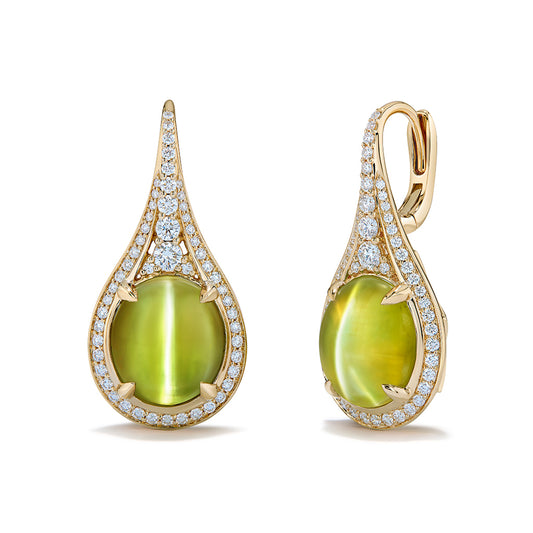 Cats Eye Neon Chrysoberyl Earrings with D Flawless Diamonds set in 18K Yellow Gold