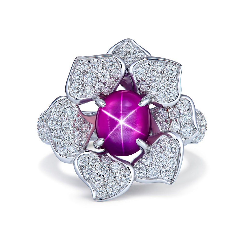 Unheated Ceylon Vivid Pink Star Sapphire Ring with D Flawless Diamonds set in 18K White Gold