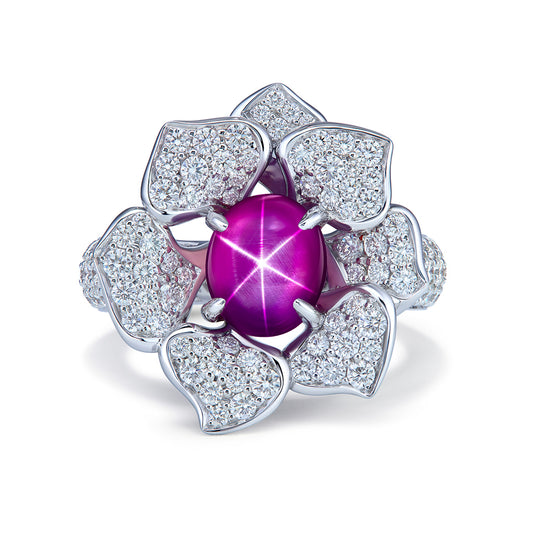 Unheated Ceylon Vivid Pink Star Sapphire Ring with D Flawless Diamonds set in 18K White Gold