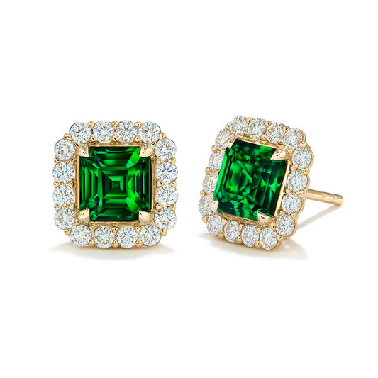 Asscher Vivid Tsavorite Earrings with D Flawless Diamonds set in 18K Yellow Gold