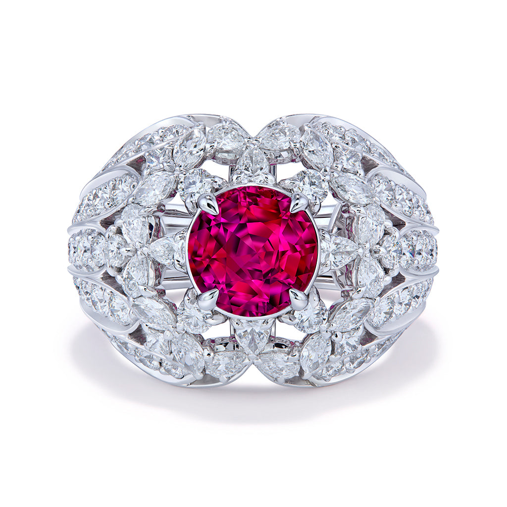 Neon Unheated Jedi Ruby Ring with D Flawless Diamonds set in 18K White Gold