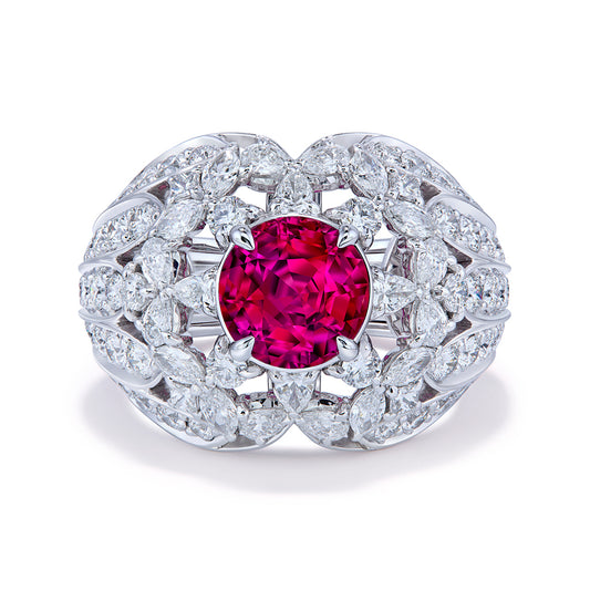 Neon Unheated Jedi Ruby Ring with D Flawless Diamonds set in 18K White Gold